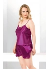 Mor Büyük Beden İnce Askılı Saten Kadın Şortlu Pijama Takım