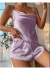 Mor Renk Saten Kumaş Şortlu Pijama Takım