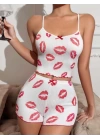 Öpücük Desenli Örme Kadın Şortlu Pijama Takım