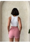 Pembe Çift Yırtmaçlı Yüksek Bel Kadın Şort Etek
