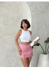 Pembe Çift Yırtmaçlı Yüksek Bel Kadın Şort Etek