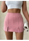 Pembe Çift Yırtmaçlı Yüksek Bel Kadın Şort Etek