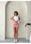 Pembe Çift Yırtmaçlı Yüksek Bel Kadın Şort Etek