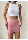 Pembe Çift Yırtmaçlı Yüksek Bel Kadın Şort Etek
