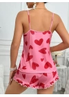 Pembe Kalp Desenli Şortlu Pijama Takım