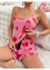 Pembe Kalp Desenli Şortlu Pijama Takım