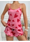 Pembe Kalp Desenli Şortlu Pijama Takım
