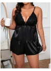Siyah Büyük Beden Saten Dantelli Şortlu Pijama Takım