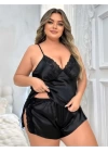 Siyah Büyük Beden Saten Dantelli Şortlu Pijama Takım