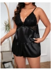 Siyah Büyük Beden Saten Dantelli Şortlu Pijama Takım