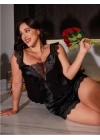 Siyah Büyük Beden Saten Dantelli Şortlu Pijama Takım