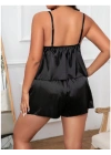 Siyah Büyük Beden Saten Dantelli Şortlu Pijama Takım