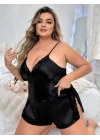 Siyah Büyük Beden Saten Dantelli Şortlu Pijama Takım