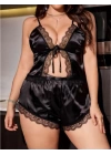 Siyah Büyük Beden Saten Dantelli Şortlu Pijama Takım
