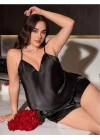 Siyah Büyük Beden Saten İnce Askılı Şortlu Pijama Takım