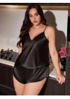 Siyah Büyük Beden Saten İnce Askılı Şortlu Pijama Takım