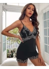 Siyah Dantel Detaylı Saten Şortlu Pijama Takım
