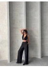 Siyah Keten Kumaş Kadın Crop Pantolon Takım