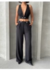 Siyah Keten Kumaş Kadın Crop Pantolon Takım
