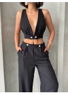 Siyah Keten Kumaş Kadın Crop Pantolon Takım