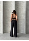 Siyah Keten Kumaş Kadın Crop Pantolon Takım