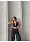 Siyah Keten Kumaş Kadın Crop Pantolon Takım