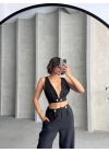 Siyah Keten Kumaş Kadın Crop Pantolon Takım