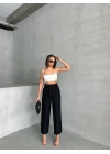 Siyah Renk Kuşaklı Keten Kumaş Kadın Pantolon