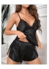 Siyah Saten Kumaş Dantelli Şortlu Pijama Takım