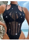 Siyah Taşlı Bodysuit Fantezi Vücut Çorabı