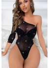 Siyah Tek Omuz Taşlı Body Vücut Çorabı