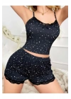 Siyah Yıldız Desenli Kadın Şortlu Pijama Takım