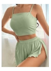 Yeşil Yırtmaçlı Şortlu Pijama Takım