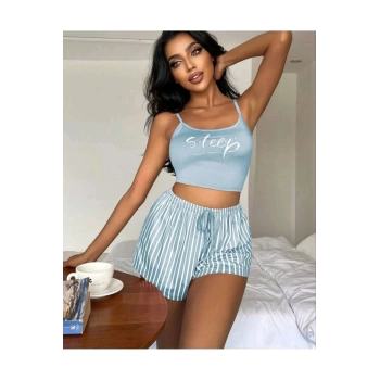 Mavi Renk Sleep Yazılı Şortlu Pijama Takım