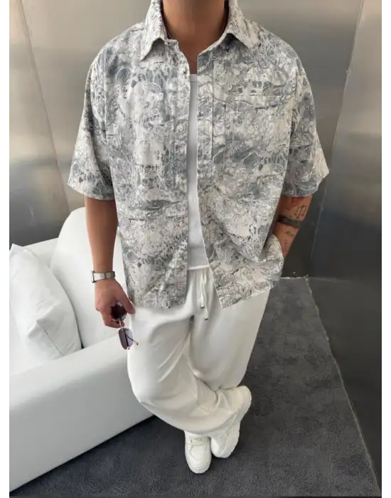 Cotton Fresh Desenli Gömlek Gri