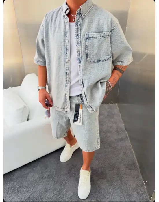 Jeans İkili Takım Kar Yıkama Mavi