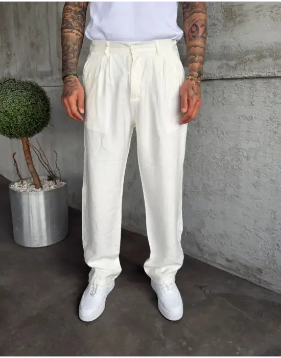 Modal Kumaş Baggy Pantolon Beyaz