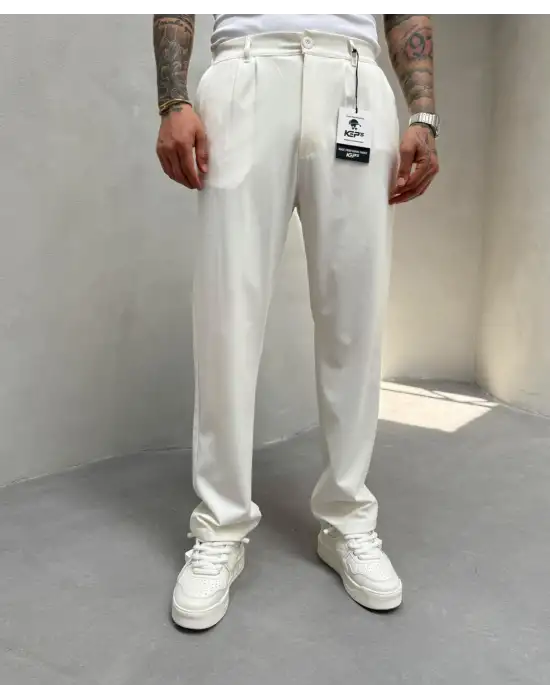 Pileli Kumaş Baggy Pantolon Beyaz
