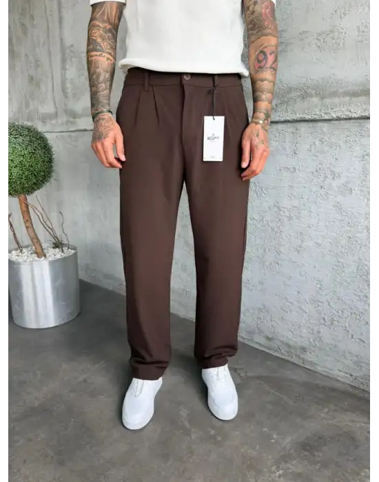 Pileli Kumaş Baggy Pantolon Kahve