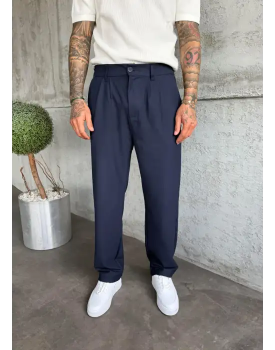 Pileli Kumaş Baggy Pantolon Lacivert