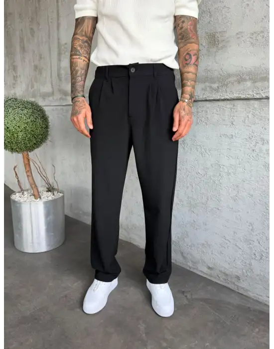 Pileli Kumaş Baggy Pantolon Siyah