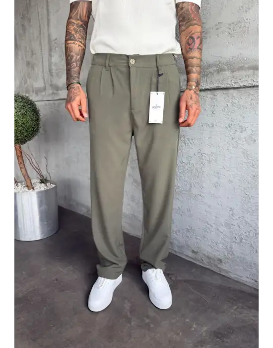 Pileli Kumaş Baggy Pantolon Yeşil
