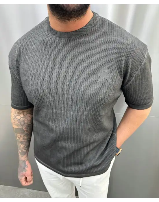 Triko Yıldız Detaylı Tshirt Füme