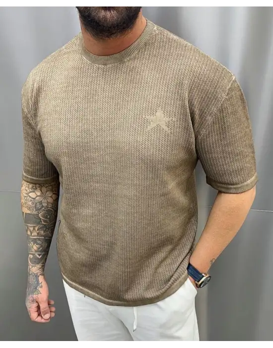 Triko Yıldız Detaylı Tshirt Kahve
