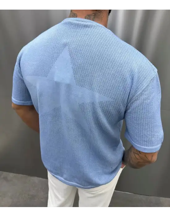 Triko Yıldız Detaylı Tshirt Mavi