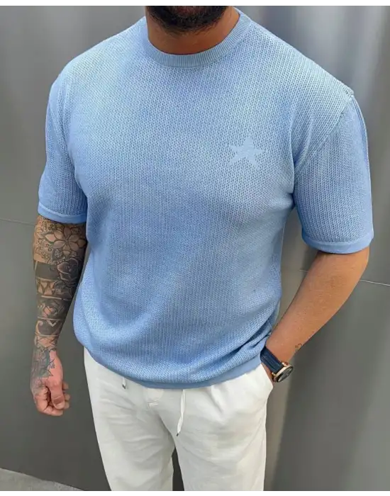 Triko Yıldız Detaylı Tshirt Mavi