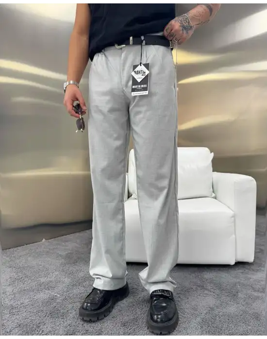 Yüksek Bel Pileli Kumaş Baggy Gri