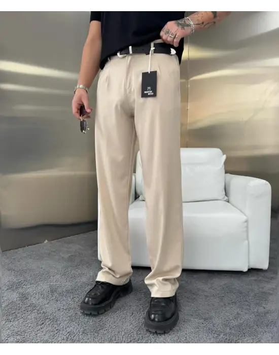 Yüksek Bel Pileli Kumaş Baggy Krem