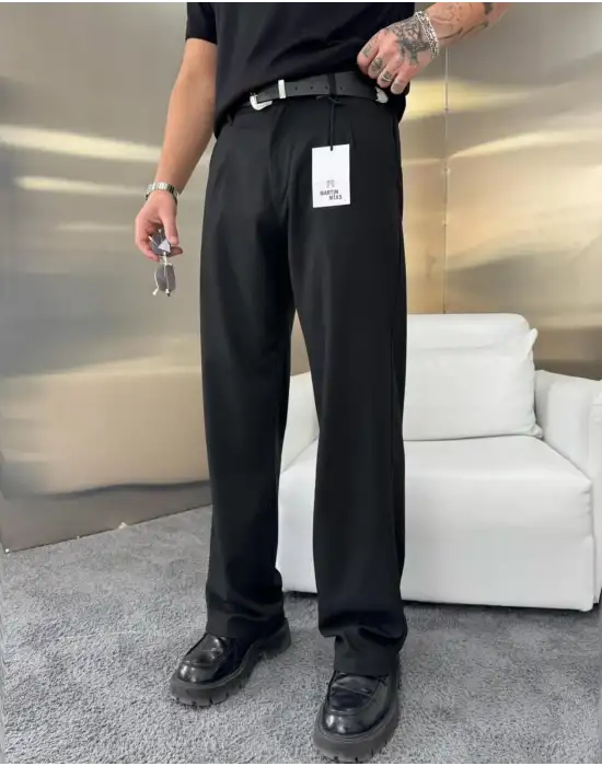 Yüksek Bel Pileli Kumaş Baggy Siyah