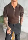 Triko Polo Yaka Fermuarlı Tshirt Kahve